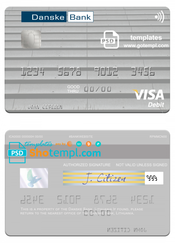 editable template, Lithuania Danske Bank visa card fully editable template in PSD format
