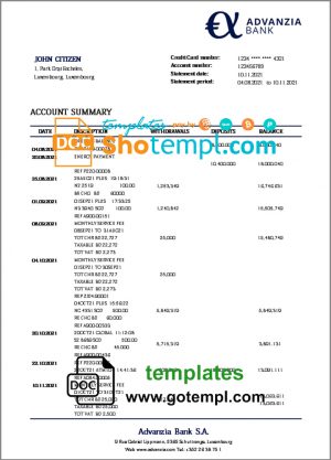 editable template, Luxembourg Advanzia bank proof of address statement template in Word and PDF format, .doc and .pdf format