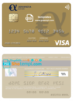 editable template, Luxembourg Advanzia Bank visa credit card template in PSD format, fully editable