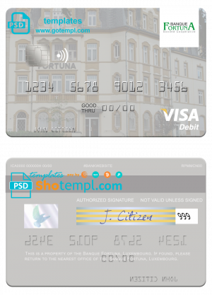 editable template, Luxembourg Banque Fortuna visa credit card template in PSD format
