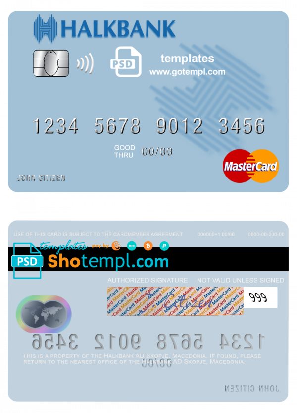 editable template, Macedonia Halkbank AD Skopje mastercard credit card template in PSD format