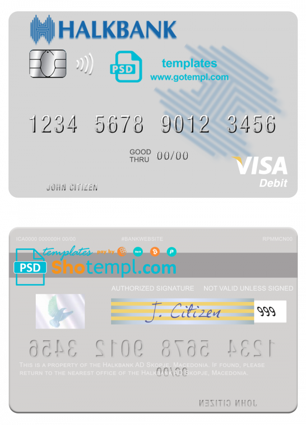 editable template, Macedonia Halkbank AD Skopje visa card fully editable template in PSD format