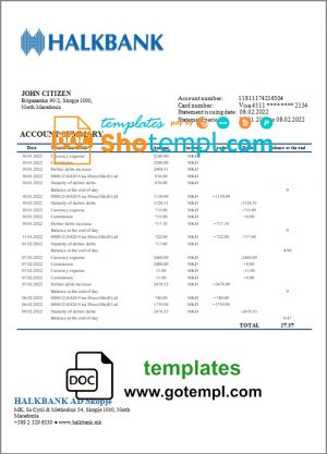 editable template, Macedonia Halkbank bank statement template in Word and PDF format
