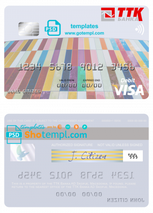 editable template, Macedonia TTK Banka AD Skopje visa card fully editable template in PSD format