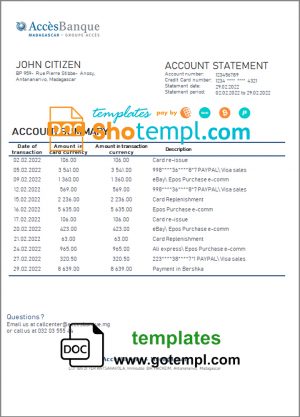 editable template, Madagascar Acces Banque bank statement template in Word and PDF format