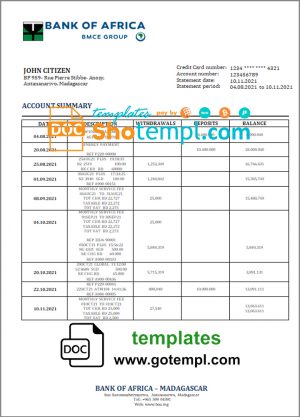 editable template, Madagascar Bank of Africa bank statement template in Word and PDF format