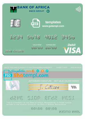 editable template, Madagascar Bank of Africa visa credit card template in PSD format