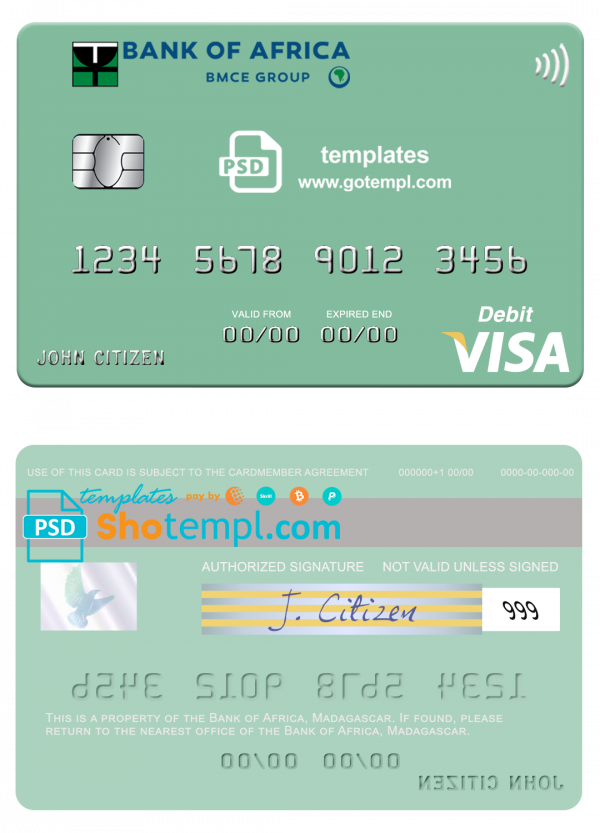 editable template, Madagascar Bank of Africa visa credit card template in PSD format