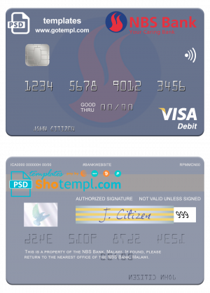 editable template, Malawi NBS Bank visa card fully editable template in PSD format