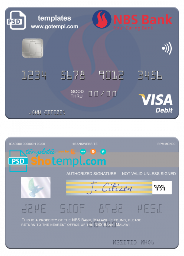 editable template, Malawi NBS Bank visa card fully editable template in PSD format