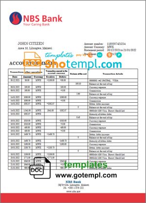 editable template, Malawi NBS bank statement template in Word and PDF format