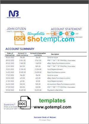 editable template, Malawi National Bank of Malawi bank statement template in Word and PDF format
