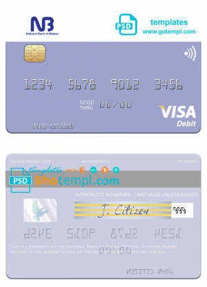 editable template, Malawi National Bank visa card fully editable template in PSD format