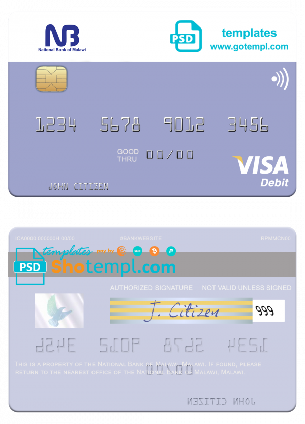 editable template, Malawi National Bank visa card fully editable template in PSD format