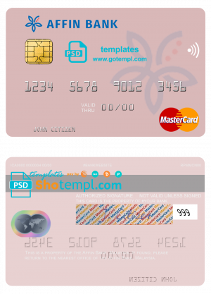 editable template, Malaysia Affin bank mastercard credit card template in PSD format