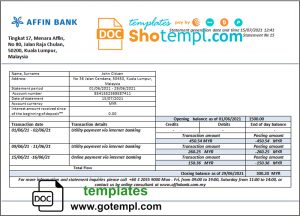editable template, Malaysia Affin bank statement template in Word and PDF format