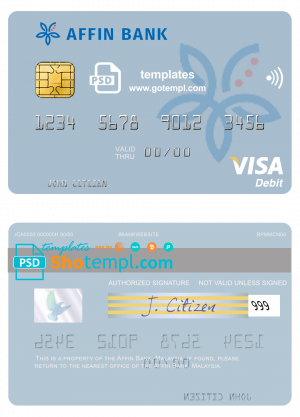 editable template, Malaysia Affin Bank visa card fully editable template in PSD format