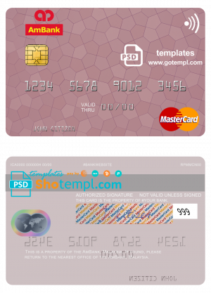 editable template, Malaysia AmBank mastercard credit card template in PSD format