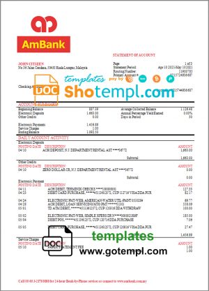 editable template, Malaysia AmBank bank statement template in Word and PDF format