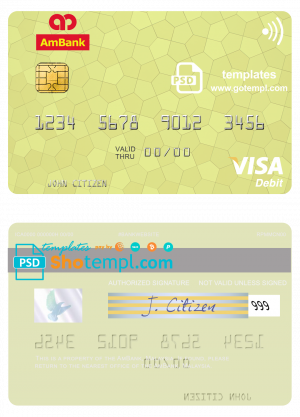 editable template, Malaysia AmBank visa credit card template in PSD format