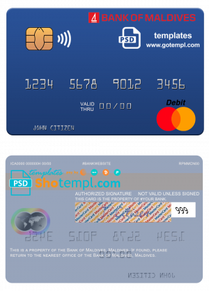 editable template, Maldives Bank of Maldives mastercard credit card template in PSD format