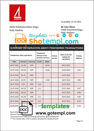 editable template, Maldives Bank of Maldives bank statement template in Word and PDF format