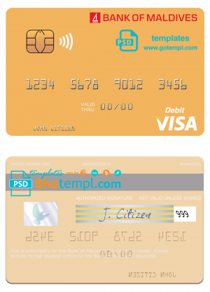 editable template, Maldives Bank of Maldives visa credit card template in PSD format