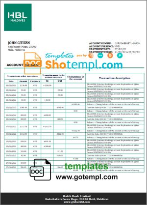 editable template, Maldives HBL bank statement template in Word and PDF format