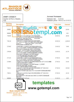 editable template, Mali Banque Atlantiaque bank statement template in Word and PDF format, .doc and .pdf format
