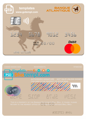 editable template, Mali Banque Atlantique mastercard credit card template in PSD format
