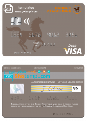 editable template, Mali Banque Atlantique visa credit card template in PSD format