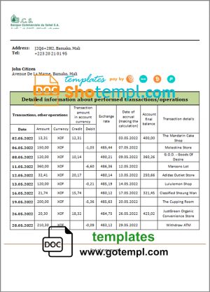editable template, Mali Banque Commerciale du Sahel bank statement template in Word and PDF format, .doc and .pdf format