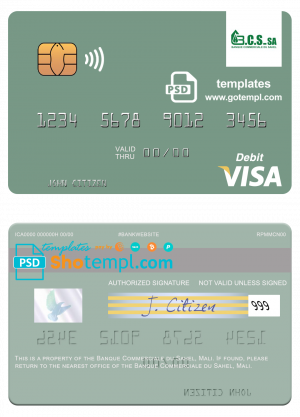 editable template, Mali Banque Commerciale du Sahel visa card fully editable template in PSD format