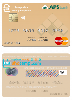 editable template, Malta APS Bank Limited mastercard credit card template in PSD format