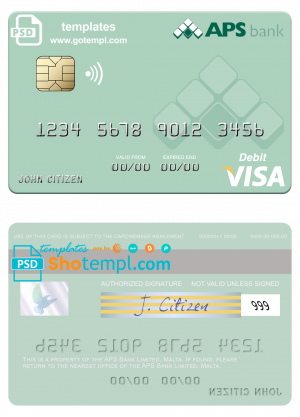 editable template, Malta APS Bank Limited visa card fully editable template in PSD format