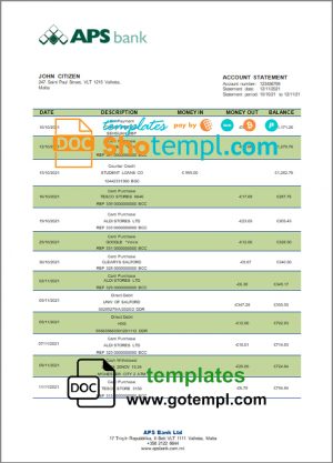 editable template, Malta APS bank statement template in Word and PDF format