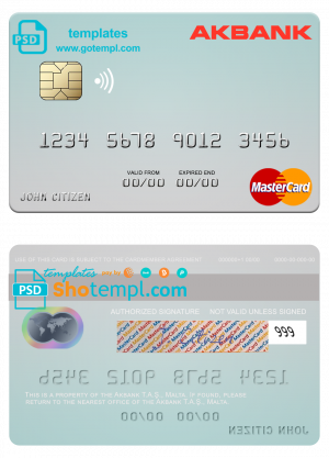 editable template, Malta Akbank T.A.Ş. mastercard credit card template in PSD format