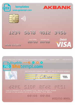 editable template, Malta Akbank T.A.Ş. visa credit card fully editable template in PSD format