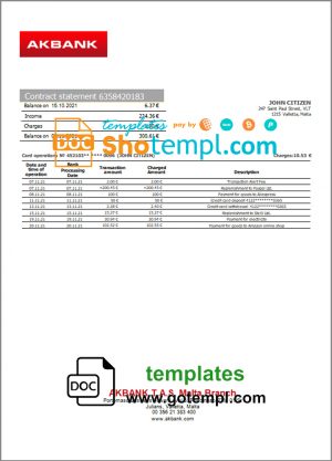 editable template, Malta Akbank bank statement template in Word and PDF format