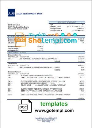 editable template, Marshall Islands ADB bank statement template in Word and PDF format