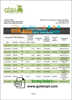 editable template, Marshall Islands Bank of Guam bank statement template in Word and PDF format