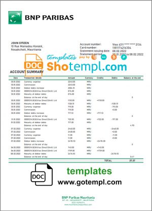 editable template, Mauritania BNP Paribas bank statement template in Word and PDF format