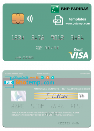 editable template, Mauritania BNP Paribas visa card fully editable template in PSD format