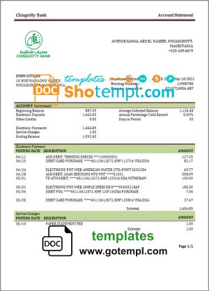 editable template, Mauritania Chinguitty bank statement template in Word and PDF format