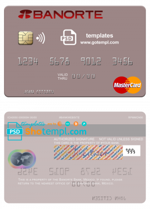 editable template, Mexico Banorte bank mastercard credit card template in PSD format