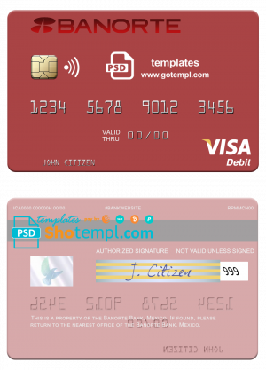 editable template, Mexico Banorte Bank visa debit card template in Word and PDF format