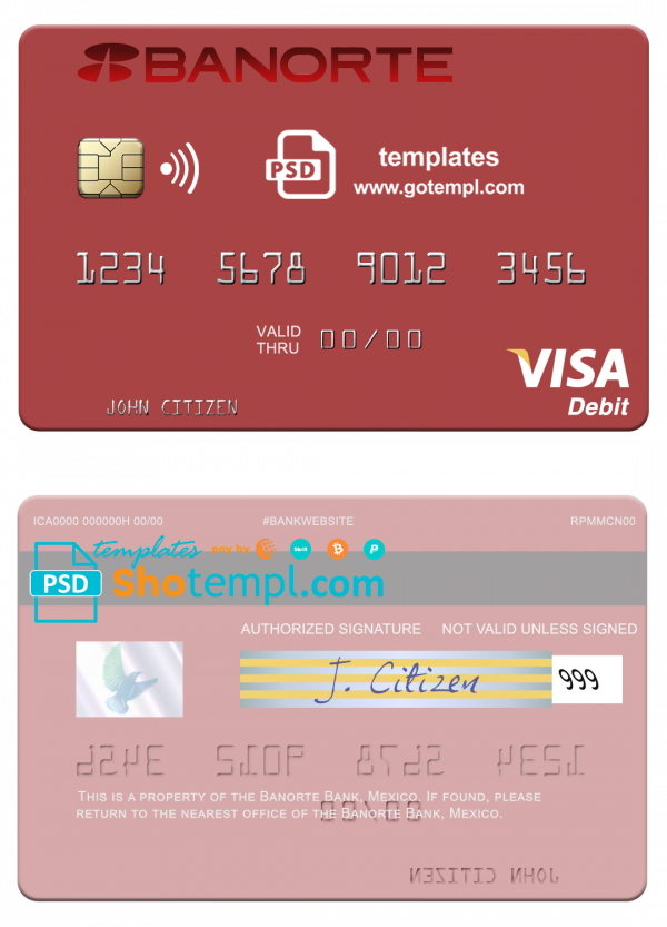 editable template, Mexico Banorte Bank visa debit card template in Word and PDF format