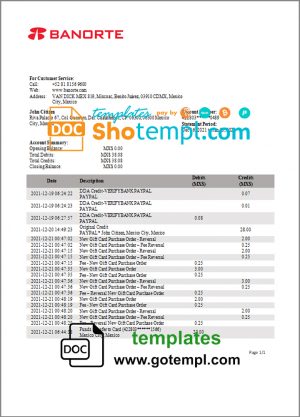 editable template, Mexico Banorte bank statement easy to fill template in Word and PDF format
