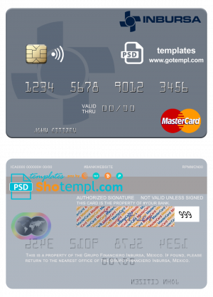 editable template, Mexico Grupo Financiero Inbursa mastercard credit card template in PSD format