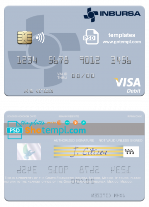 editable template, Mexico Grupo Financiero Inbursa visa debit credit card template in PSD format